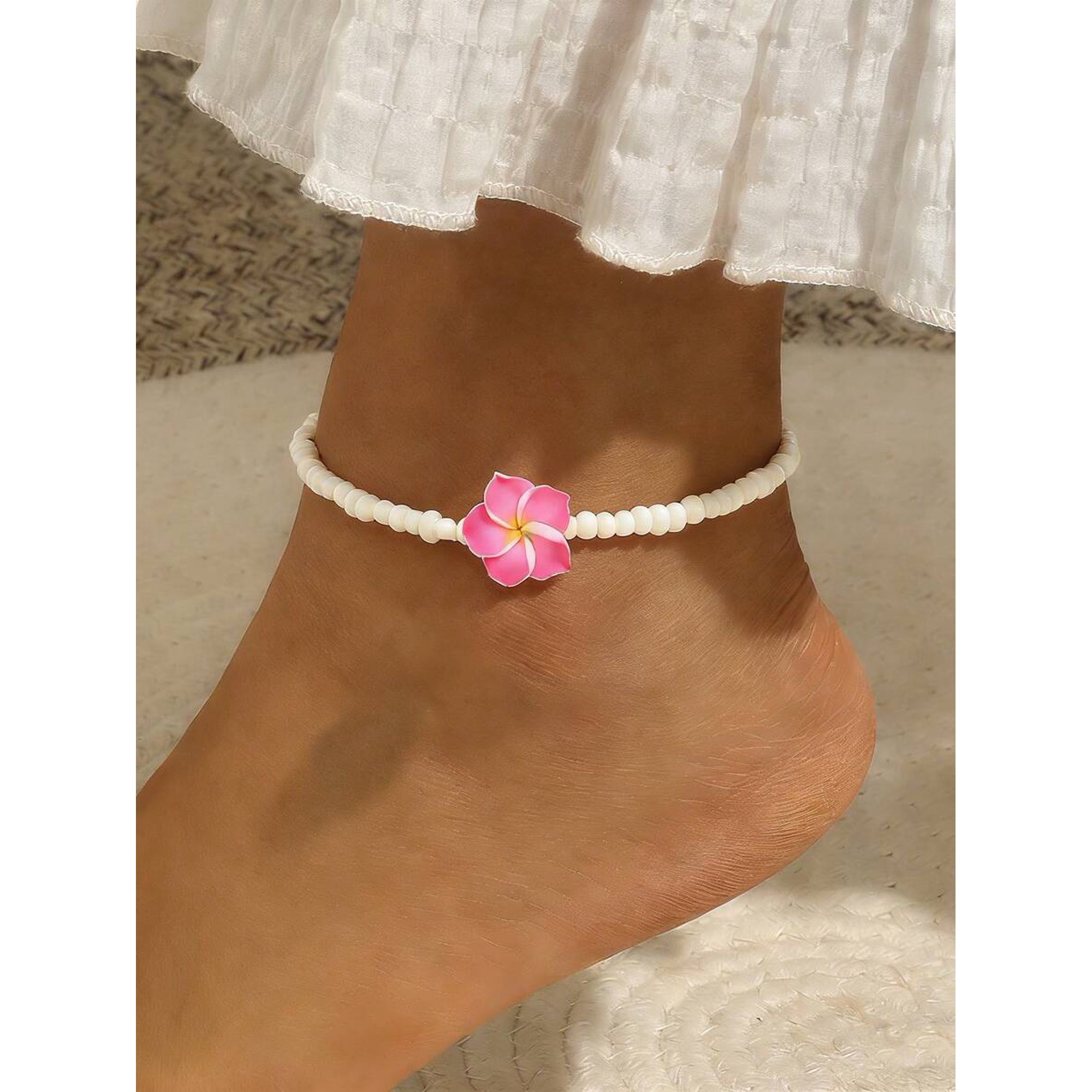 Hot Pink Beaded Plumeria Flower Anklet For Women