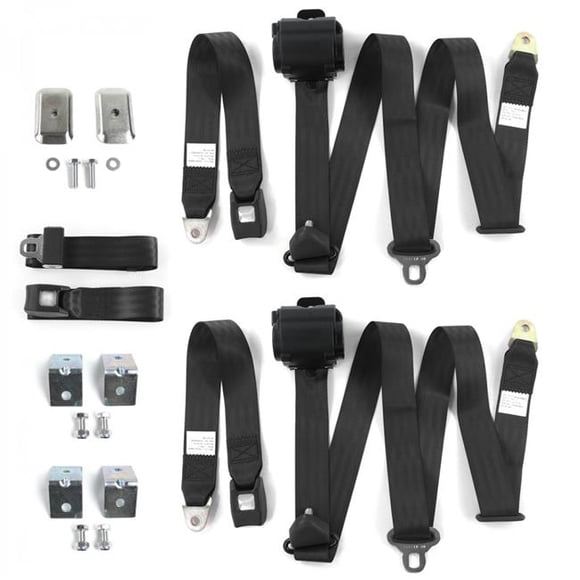 Buick Roadmaster 1957-1958 Standard 3 Point Black Retractable Bench Seat Belt Kit with Bracketry - 3 Belts