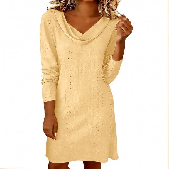 HBGVBA Women's Summer Mini Dress,Long Sleeve Loose Dresses,Solid Color Elegant Draped Neck Pleated Bodice Round Neck Dress