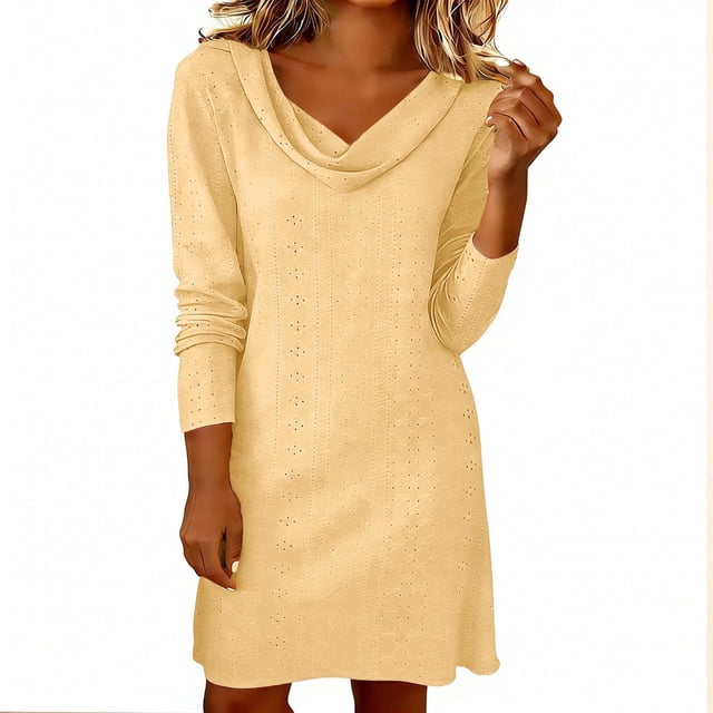 Floleo Robe Décontractée pour Femmes à Col Rond, Manches Longues, Col Plissé, Élégante, Confortable, pour la Maison, Douce, Extensible, Tenue Quotidienne, Relaxante, Ample, Tendance, Féminine, Polyvalente, Moderne (Jaune, G)