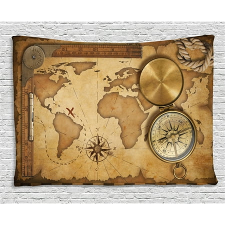 - Map Tapestry, Aged Vintage Treasure Map Ruler Rope Old Compass Antique Adventure Discovery, Wall Hanging for Bedroom Living Room Dorm Decor, 60W X 40L Inches, Brown Pale Brown, by Ambesonne