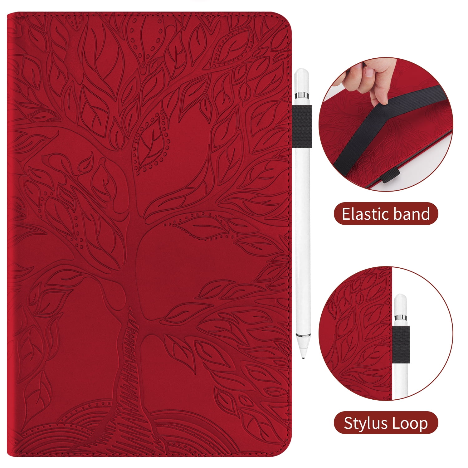 Allytechgroup Elegant iPad Air 11 Inch Case Cover 2024, Lift Tree Pattern Embossed and Shockproof Tablet Case with Pencil Holder Multi Angle Viewing Stand Flip Cover for Apple iPad Air 11,Red