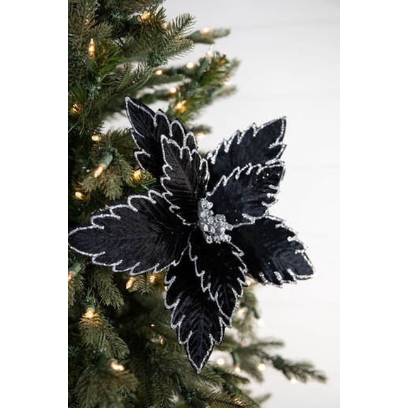 22" x 13" Black Poinsettia Stem, Velvet Poinsettia on 22" Stem.