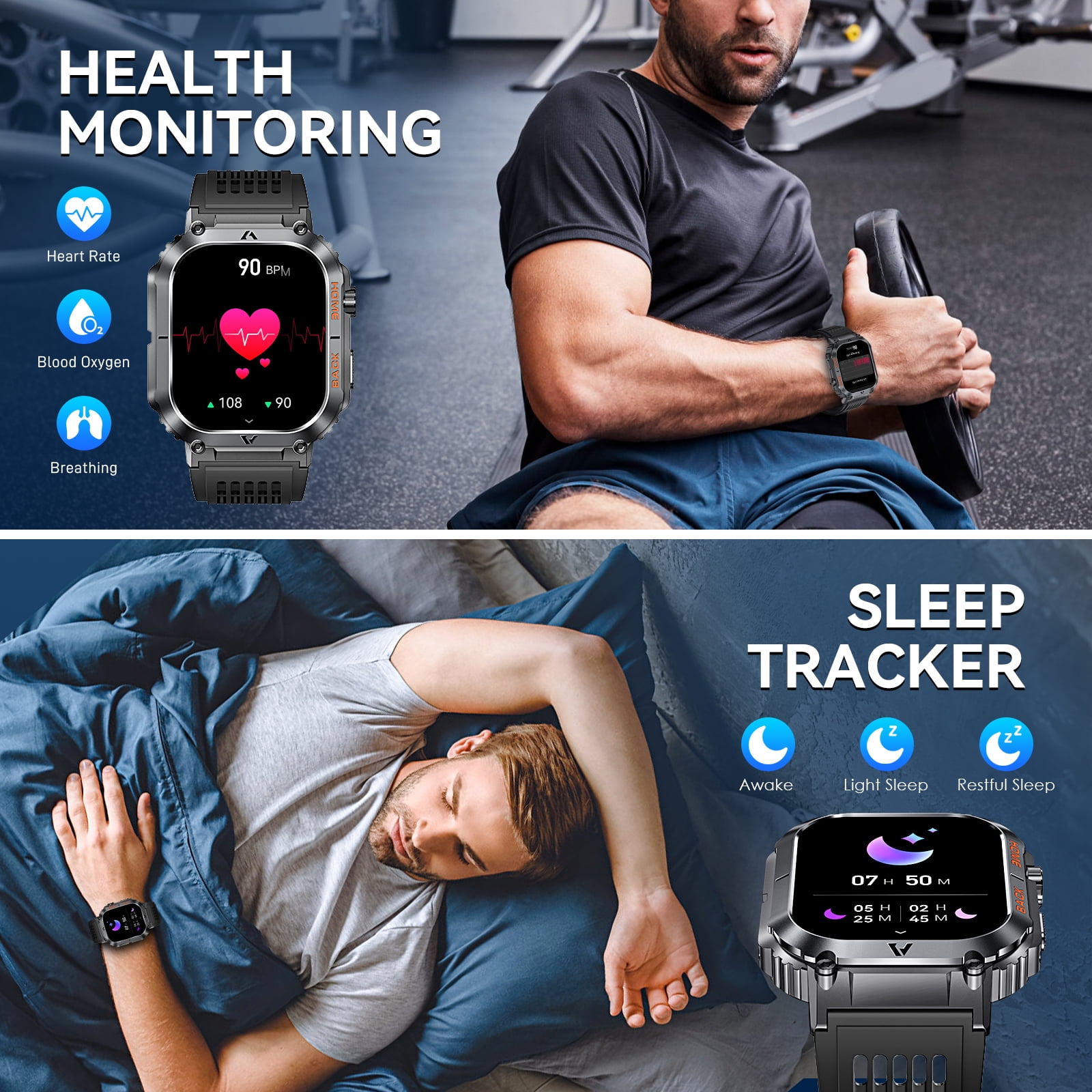 Cyberdyer Military Waterproof, Rugged, Compass Fitness 2.02" Black Case with Black Band Smart Watch