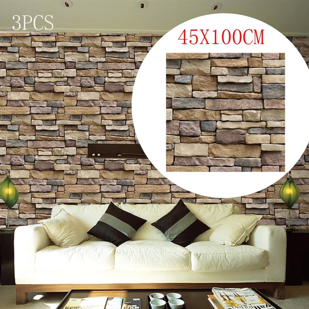 45x100cm 3D PVC Wood Sticker Grain Brick Stone wall paper Rustic Self-adhesive~ 