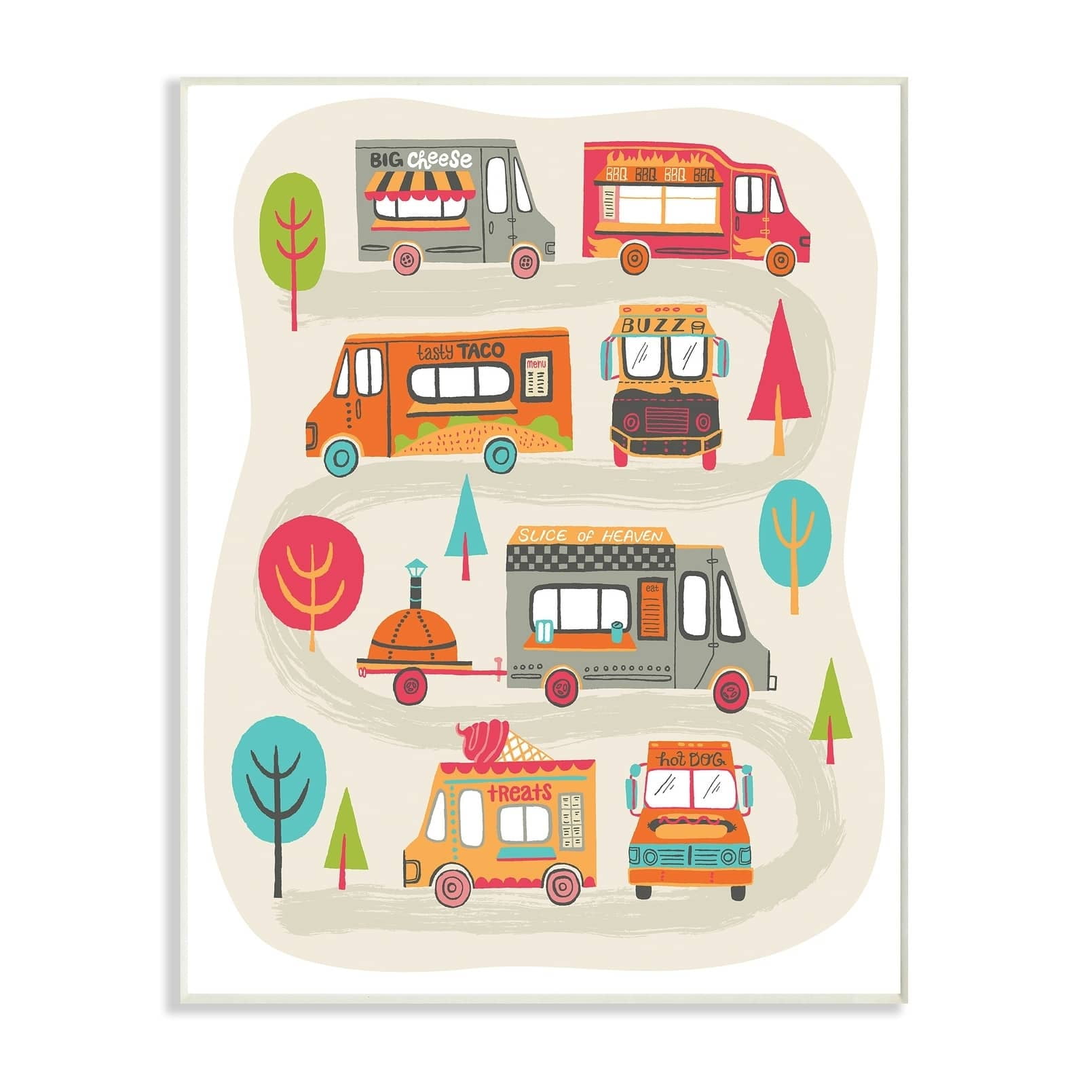 The Kids Room By Stupell Mod Illustration Quirky Food Trucks And Trees Wall Plaque Art, 10 x 15