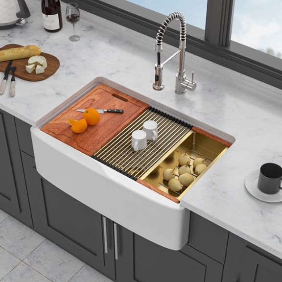 Stainless Steel Kitchen Sink 33" White Farmhouse Kitchen Sink Workstation - 33 x 21 x 10 inch White Porcelain Ceramic Sngle Bowl Kitchen Sink,Undermount Kitchen Sink