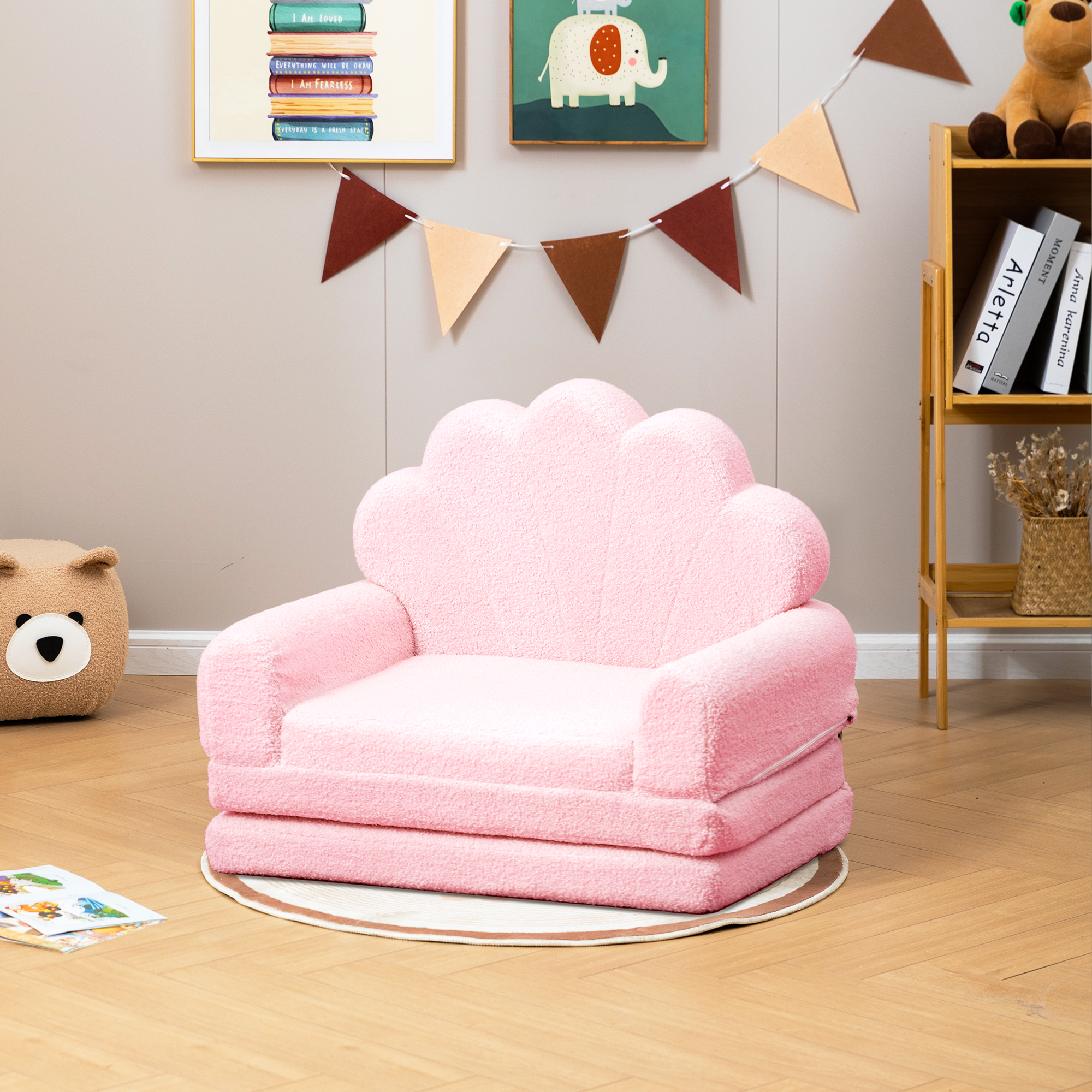spanspace Kids Chairs for Toddler,Flip-Out 2-in-1 Convertible Chair to Lounger for Girls and Boys, Teddy Fleece Fabric, Pink