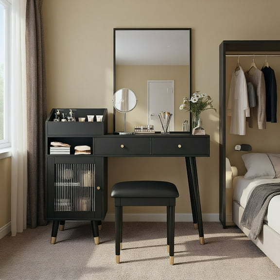 Kadyn Makeup Dressing Table Set, Vanity Set,Modern Makeup Vanity Desk with Drawers, Cabinet & Charging Port, Black