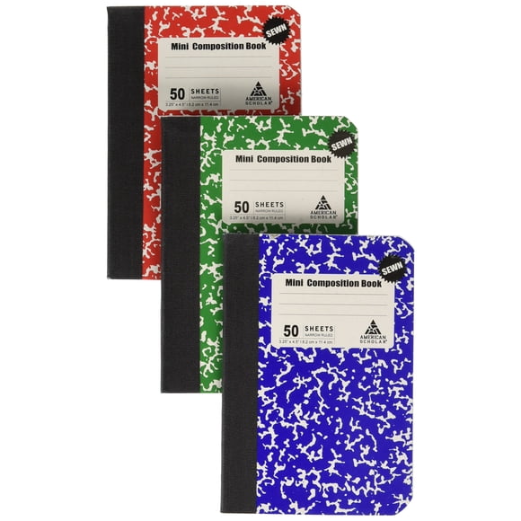 Minilibro de composición, paquete de 3, 50 páginas, 4,25 x 3,25 pulgadas, surtido
