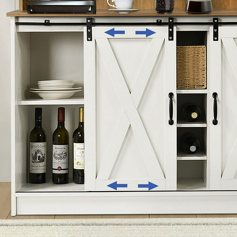 4ever2buy Farmhouse Coffee Wine Bar Cabinet with 6 Hooks, Sliding Barn  Door, 47'' Sideboard Buffet Cabinet with Adjustable Shelf for Kitchen,  Dining