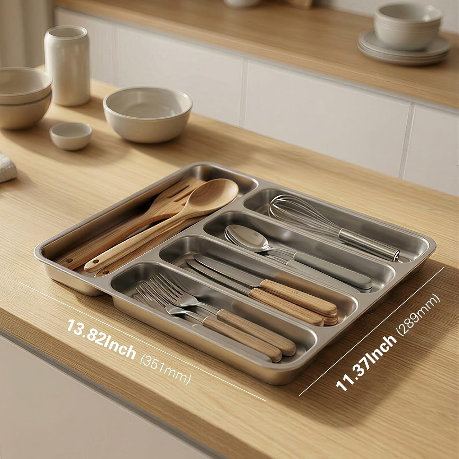 Stainless Steel , Durable Metal Utensil Drawer Organizer with 5 Compartments, Silverware Tray for Drawer, Dishwasher Safe, 13.8" x 11.4" x 1.6", Silver
