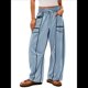 thumbnail image 1 of Pantalones de Mujer Holgados de Pierna , Estilo Palazzo, Informales, con Cordón en la Cintura y Bolsillos. Azul S, 1 of 6