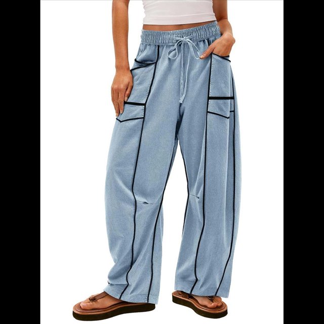 Pantalones de Mujer Holgados de Pierna , Estilo Palazzo, Informales, con Cordón en la Cintura y Bolsillos. Azul L