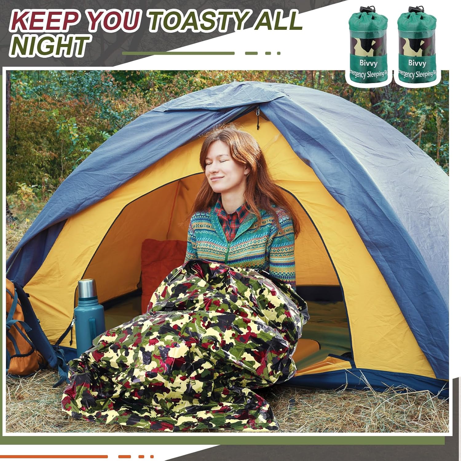Camo Emergency Sleeping Bags Camo Blankets Emergency Shelter Survival Gear Portable Lightweight Thermal Bivy Sack Waterproof for Outdoor Camping Hiking Homeless Shelter