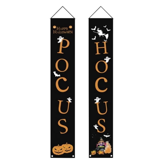 MInHoues 71 Inch Halloween Vertical Porch Banner Set, Pocus Themed Witch Ghost Pumpkin Bat Door Sign for Indoor Outdoor Front Door Wall Yard Party Decor,2 Pack