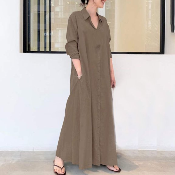 Sentmoon Loose Fit Tshirt Dress Women Long Sleeve Lapel Dresses for Women Casual Fashion Cotton Linen Maxi Dresses,Fit & Flare Stylish A-line Dresses Coffee XL