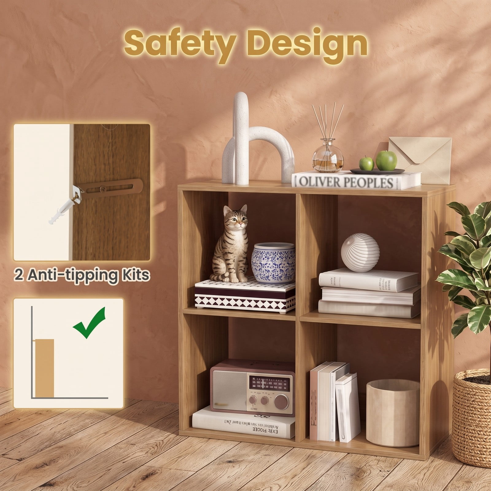 Furnibear 4 Cube Bookshelf, Wood Cube Storage Organizer Bookcase with Back Guardrail and Anti-Tip Kit for Living Room Bedroom Home Office, Natural