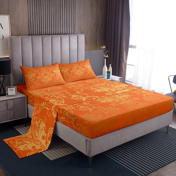 Adults Damask Gothic Sheet Set Antique Victorian Bed Sheets Set Full,Vintage Floral Goth Sheets Moth Bed Set,Bone Skeleton Bohemian Baroque Decor,Orange and Yellow