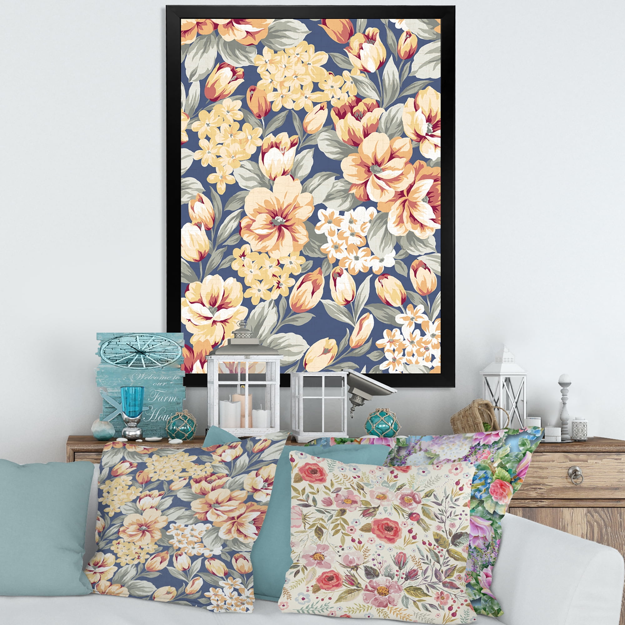 Designart 'Vintage Orange and Yellow Flowers' Traditional Framed Art Print