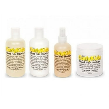 CurlyKids Mixed Hair HairCare Set Super Detangling Shampoo 8.0 Ounce, Conditioner 8.0 Ounce, Spray 6.0 Ounce, Curly Crème Conditioner 6.0 Ounce - 4-Pack