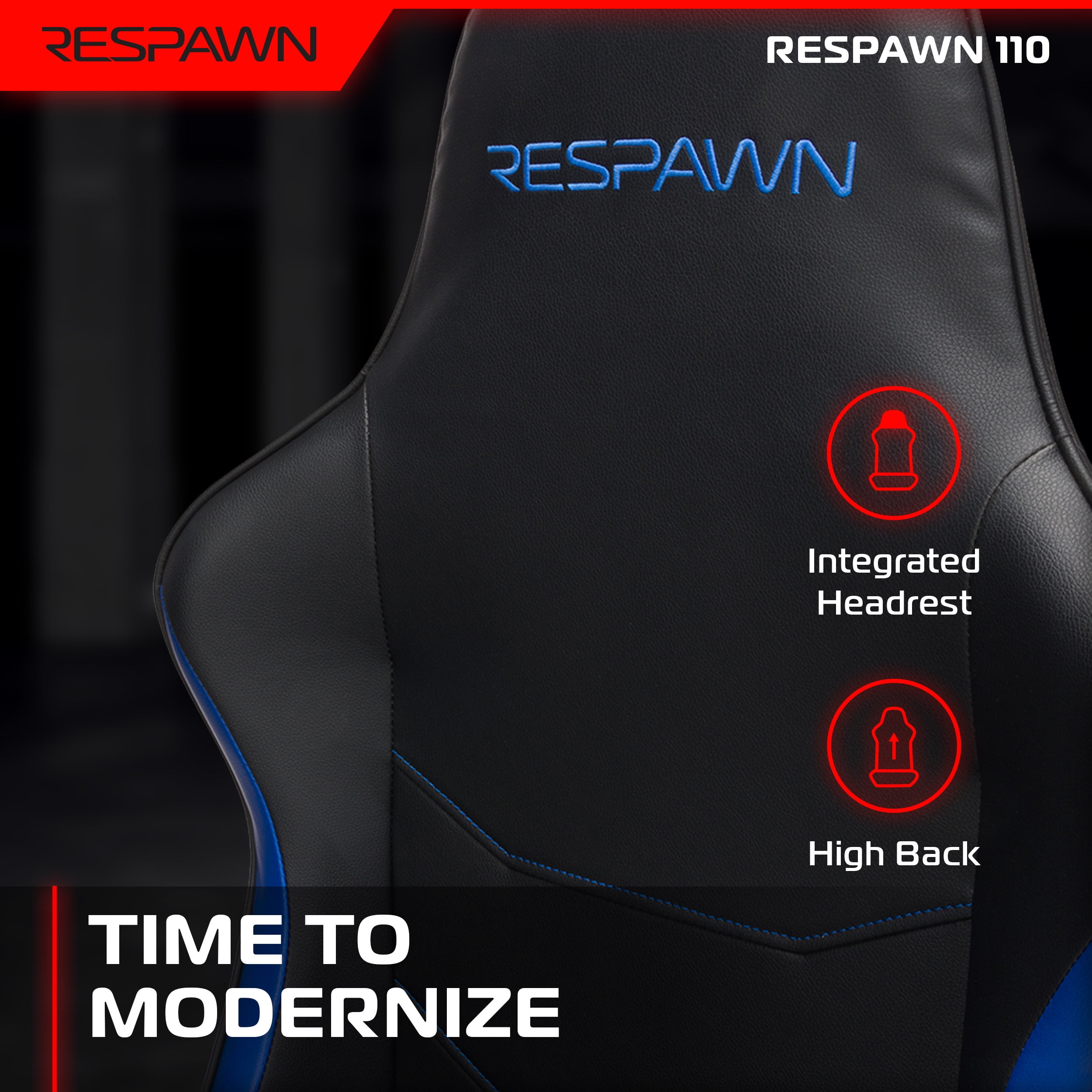 RESPAWN 110 Ergonomic Gaming Chair - Reclining Office Video Game Swivel Chair with Lumbar Support, Headrest, Heavy Duty, High Back, Racing Style Gaming Recliner Seat for Computer Gamer - Blue