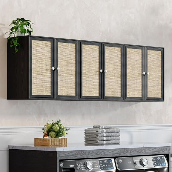 Rattan Wall Cabinets Set - Kitchen Wall Mounted Storage Cabinets with 3 Paper Rattan Doors and Shlelf Adjustable in Laundry or Bathroom Over The Toilet,One Set of 3 Pcs