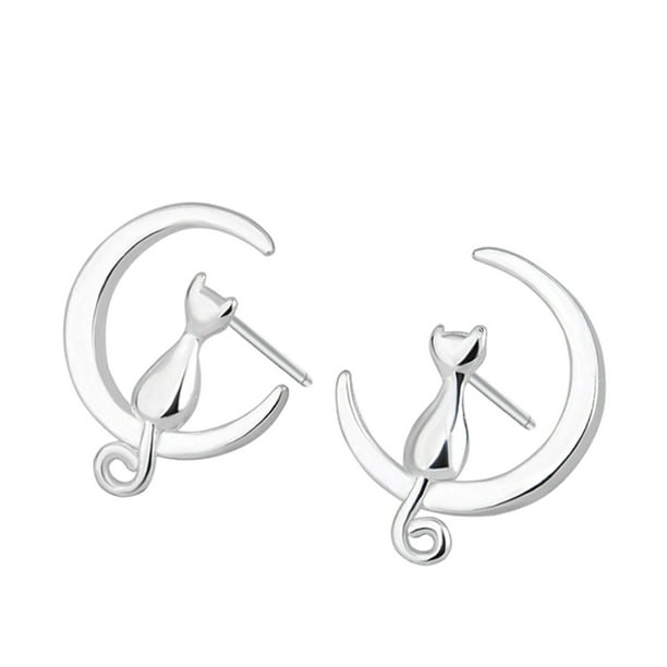 925 de plata de moda gato en la luna de diseño pendientes para las mujeres de estilo hecho a mano de joyería del oído