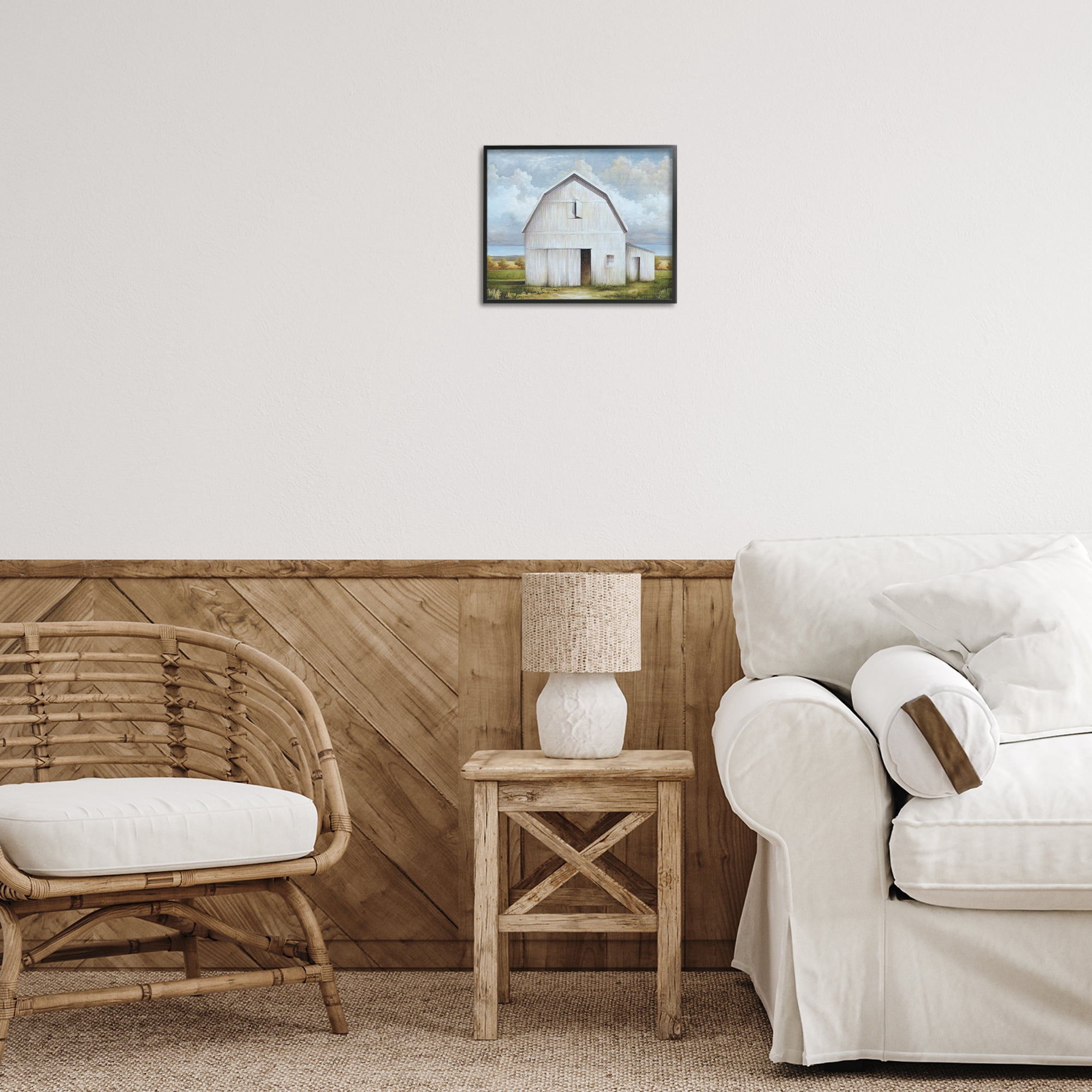 Stupell Industries White Barn with Clouds Landscape Painting Black Framed Art Print Wall Art, 14 x 11