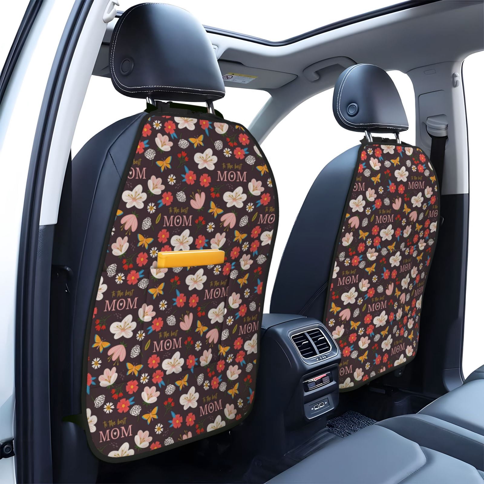 Kdxio To The Best Mom Print 2 Pack Car Kick Mat Seat Cover Back Protector Mat with Pockets for Organizer Backseat Protector and Storage Anti Kick Pad for Vehicles