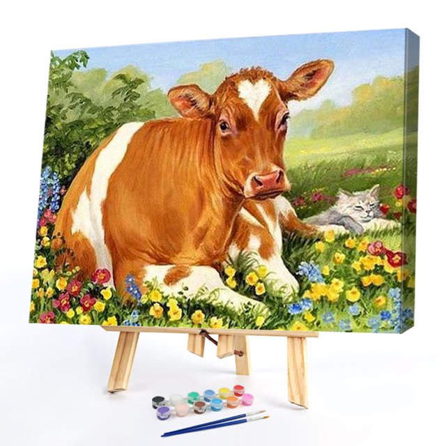 Cuadros Decorativos Kits de pintura al óleo de vaca sobre hierba por números, cuadro de pared artesanal, decoraciones para el hogar Ehuebsd Nuevos Originales