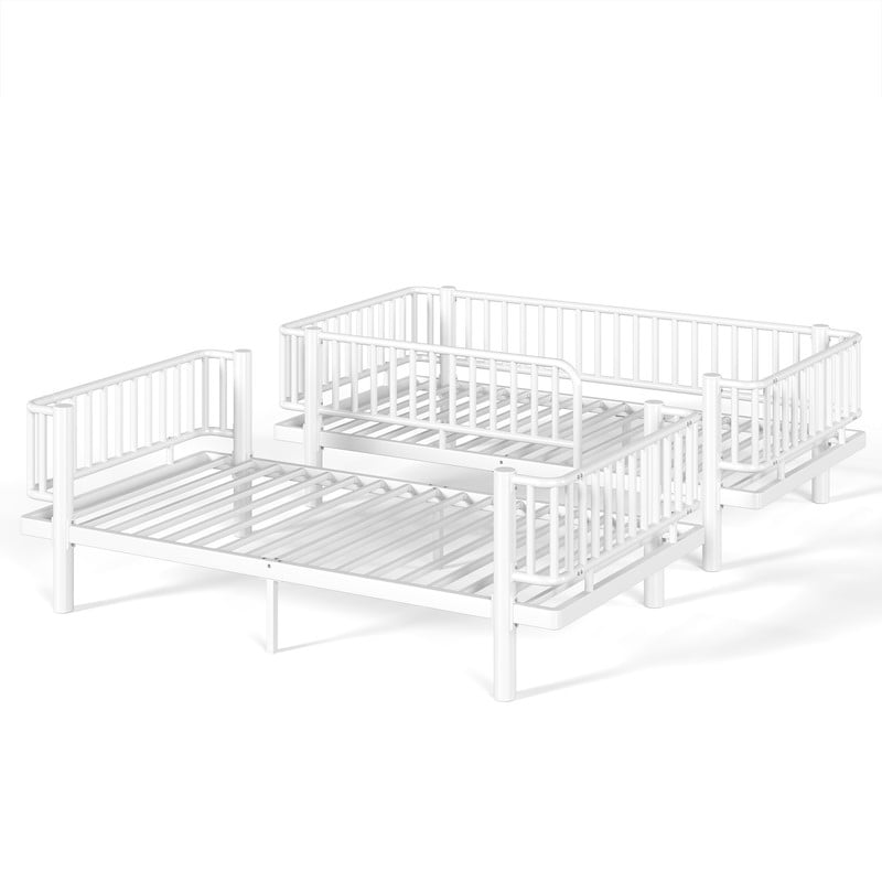 Twin-over-Twin Teens Bunk Bed Can Transformed into 2 Platform Beds, Metal Kids Bed Frame with Round-Pipe, Ladder & Guardrails
