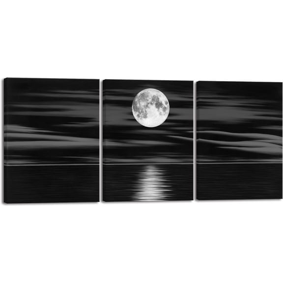 Wieco Art 3 Panel Sea White Full Moon in Night Canvas Print Wall Art Black and White Ocean Beach for Living Room Bedroom Kitchen Home Decorations Modern Abstract Artwork