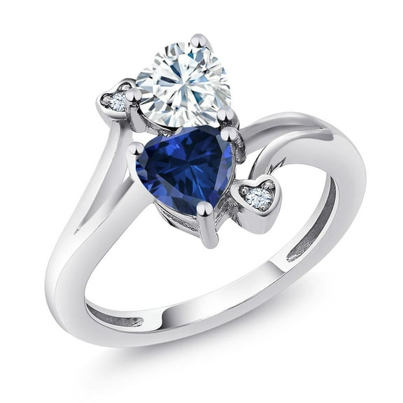 Gem Stone King 925 Sterling Silver White Moissanite Blue Created Sapphire Ring for Women (1.63 Cttw, Heart Shape 6MM, Gemstone Birthstone, Size 5)