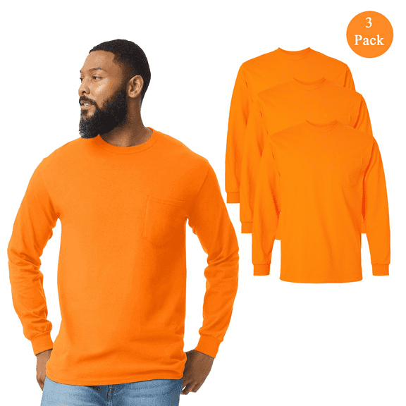 Gildan Men Ultra Cotton Long Sleeve Pocket T-Shirt, Hi-Vis Classic Fit Safety Orange Tee 3-Pack, S