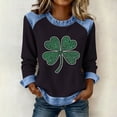 thumbnail image 1 of TaTaai Women St Patrick's Day Printed Waffle Knit Long Sleeve Top Crew Neck Denim Splice Casual Solid Color Fashion Top for Daily Street Wear Gift, 1 of 5
