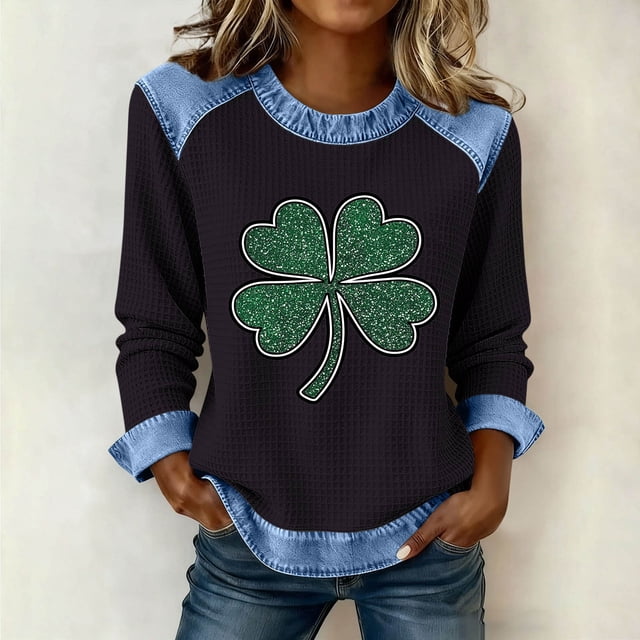 TaTaai Women St Patrick's Day Printed Waffle Knit Long Sleeve Top Crew Neck Denim Splice Casual Solid Color Fashion Top for Daily Street Wear Gift