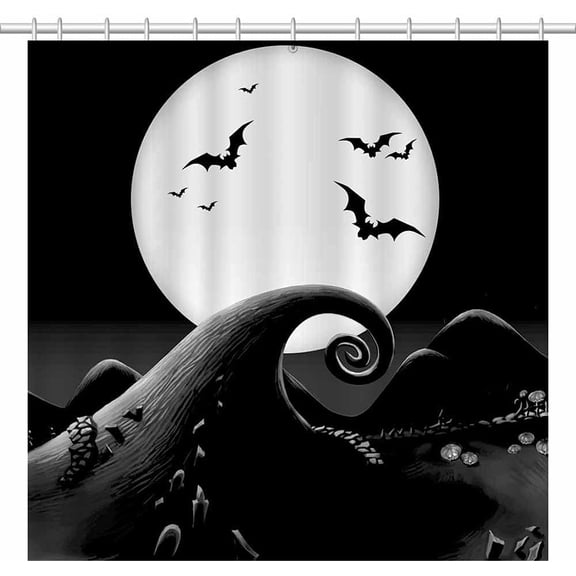 72x72 Black Halloween Shower Curtains for Hallowmas Before Christmas Kids Bath Bathroom Decors Bats Full Moon Night All Saints Day Home Fabric Waterproof Shower Curtain Set with 12 Hooks