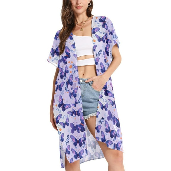 joogoo Women's Butterflies in Purple Beach Cover Up Kimono Swimsuit Summer Cardigan Swimwear S