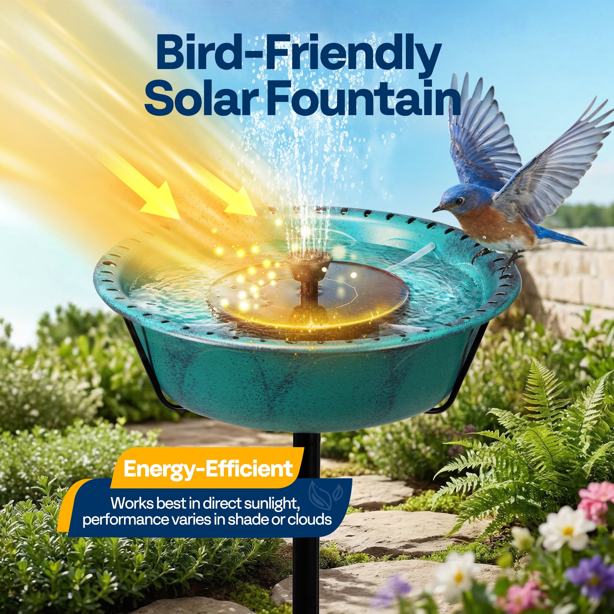 SPECSTAR Bird Bath with Solar Fountain for Outside, Weather-Resistant ABS Birdbath Bowl with Solar Powered Pump, Metal Ground Stake for Outdoor, Garden, 1.45 Gallons, Green