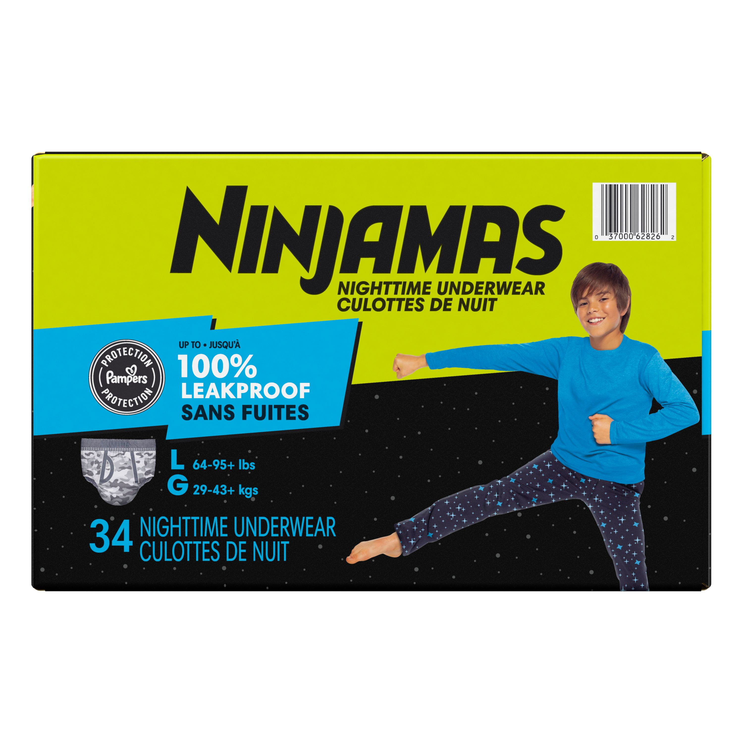 Ninjamas Boys Bedwetting Nighttime Underwear, Size L (64-95+ lbs), 34 Count