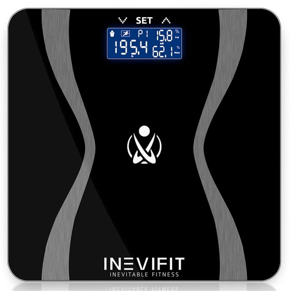 Báscula corporal INEVIFIT, analizador digital de composición corporal de alta precisión para baño. Mide peso, grasa corporal, agua, masa muscular y ósea para 10 usuarios. Incluye pilas.