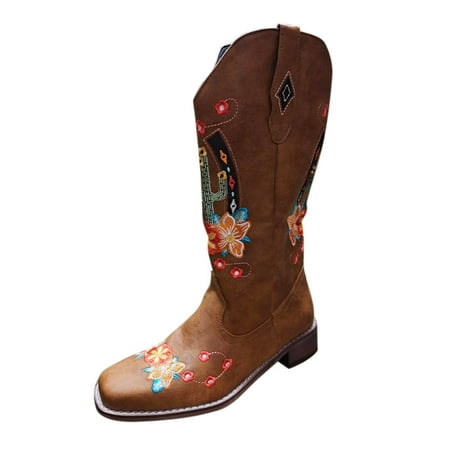 

Mid-Calf Boots for Women Cactus Quadrate Shoes Fashion Boots Toe Mid Women s Embroidery Color Women s Boots PU Dress Sandals for Women Brown