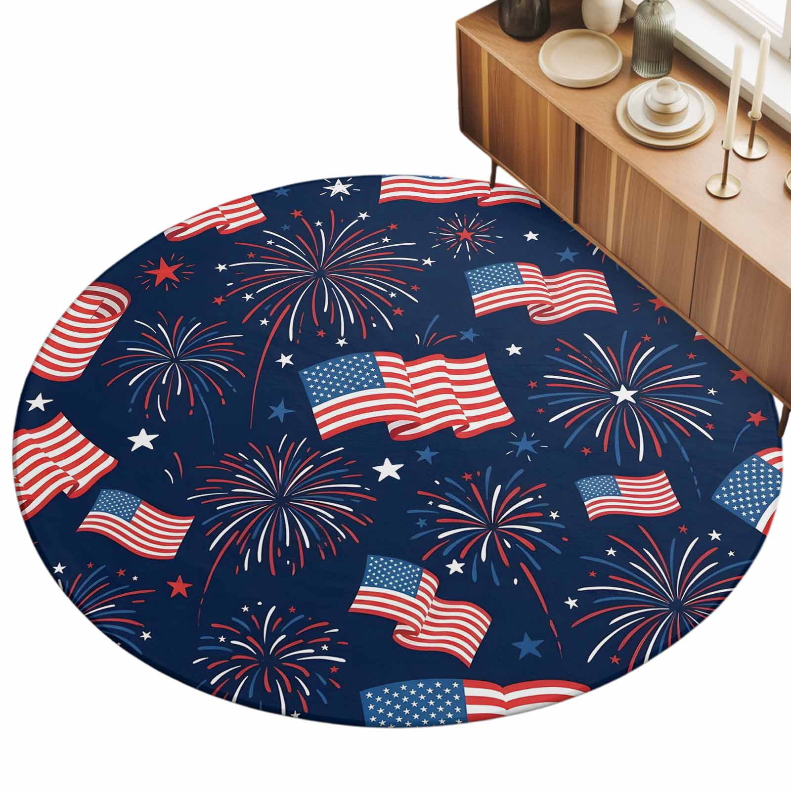 Small Round Rug 3Ft, 4th of July Non-Slip Washable Circle Rugs Carpet, Independent Day American Flag Stars Red Blue Indoor Outdoor Rug Floor Mats Throw Runner for Bedroom Living Room Bathroom