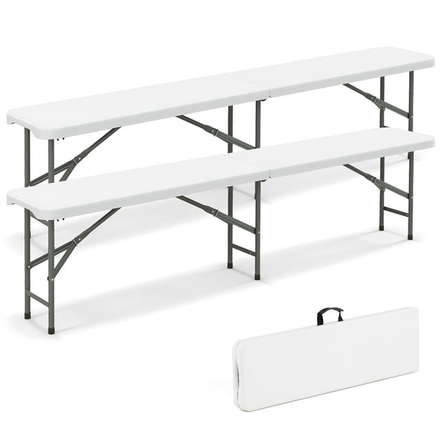 Gymax 2PCS 6 ft Plastic Folding Bench w/ 1320 LBS Capacity Handle & Lock For Outdoor White