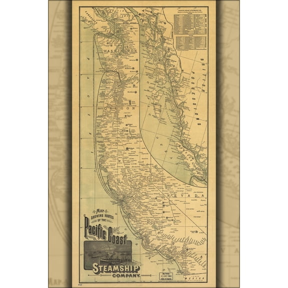 24"x36" Gallery Poster, Map Pacific coast Steamship Co. routes 1891