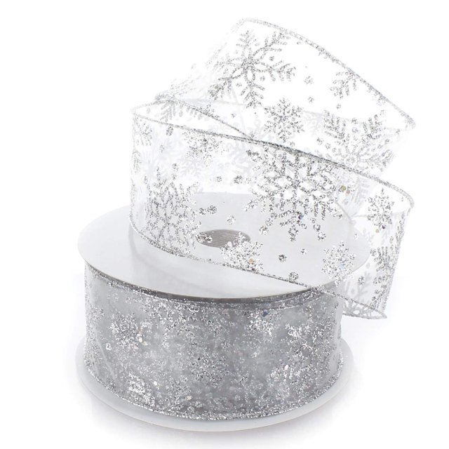 Ribbon Traditions Glitter Snowflakes Sheer Wired Ribbon 2 1/2 Inch By 10 Yards - Silver