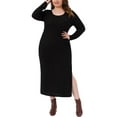 thumbnail image 1 of Vestidos de Talla Grande para Mujeres Agnes Orinda para el Día de San Patricio, Vestido Maxi Casual de Punto Acanalado con Abertura Lateral y Cuello Redondo de Manga Larga, 2X Negro, 1 of 5