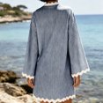 thumbnail image 7 of Ohufall Mini Dress for Women Wavy-hem Striped Long Sleeve Dress V Neck Lightweight Summer Casual Dresses, 7 of 7