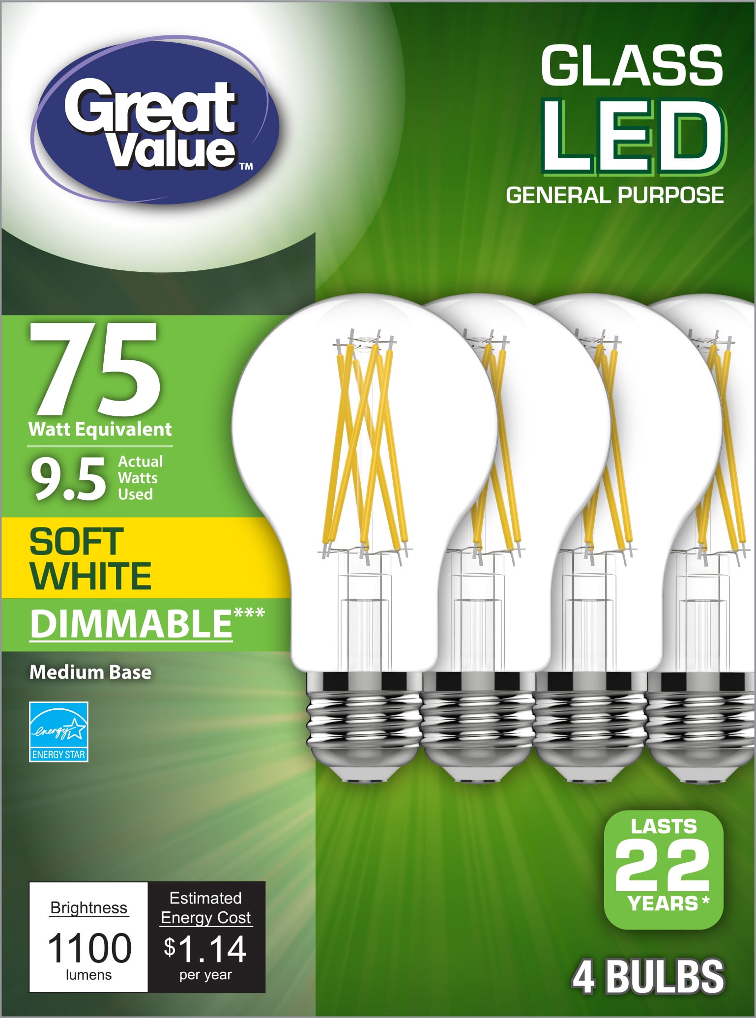 Great Value A19 Clear General Purpose LED Light Bulb, 75W Replacement, Soft White, 4-Pack